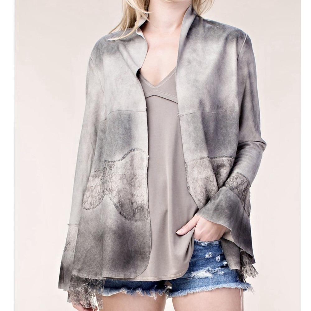 Vocal USA Jacket Womens Medium Gray Dyed Lace Asymmetrical Lagenlook Boho Casual